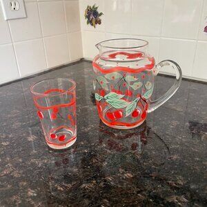 Hand Painted Cherry Pitcher & One Matching Glass